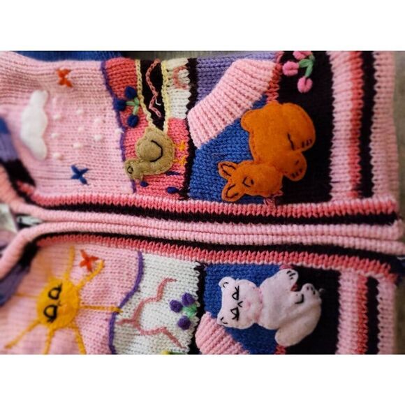 PERUVIAN HAND KNIT PATCHWORK HOODED ZIP UP PINK SWEATER NWT - Picture 5 of 11